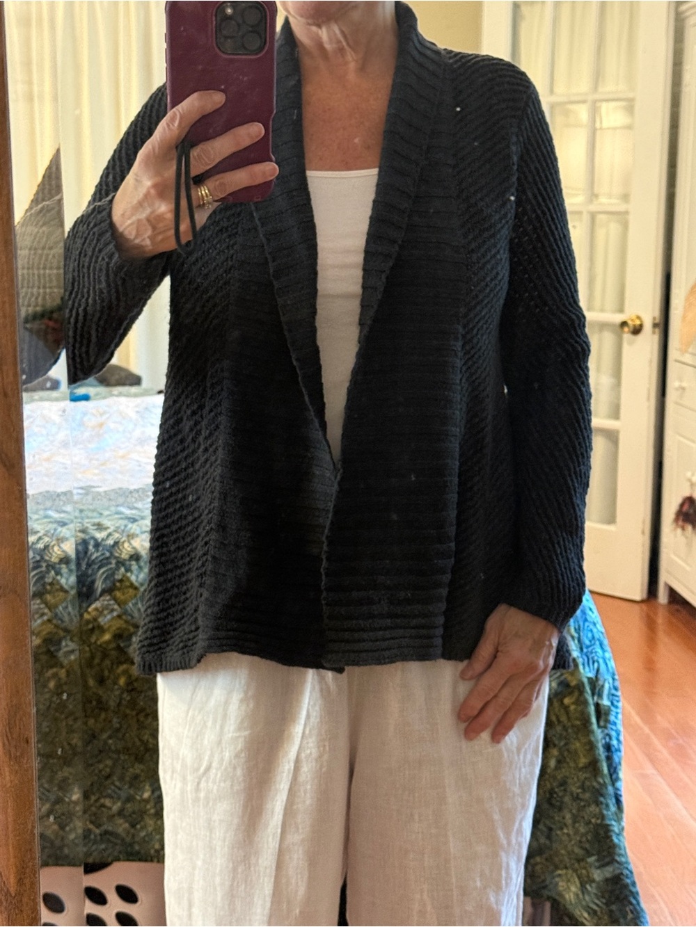 Eileen Fisher Black Open-Front Ribbed Cardigan